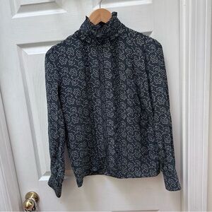 Vanessa Bruno silk floral lace green blue long sleeve mock turtle neck top 34
